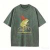 Funny Frog Bicycle Print Vintage Washed Gray Casual Streetwear T Shirt