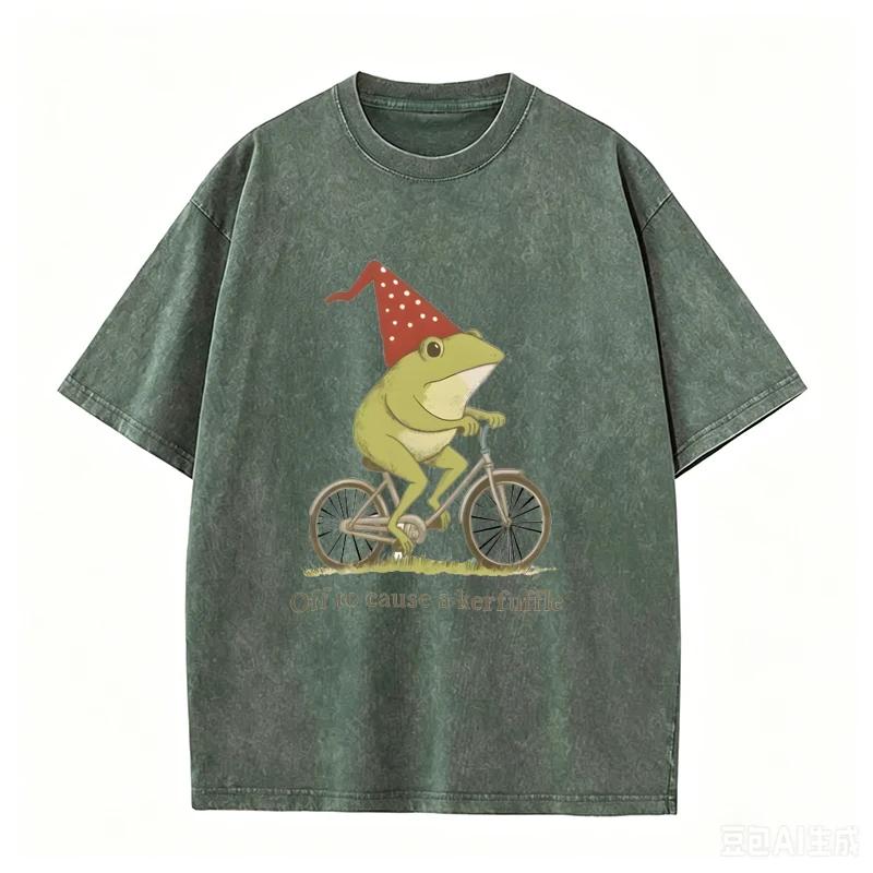 Funny Frog Bicycle Print Vintage Washed Gray Casual Streetwear T Shirt