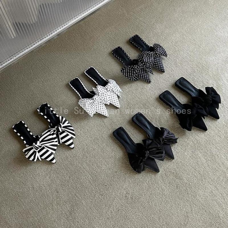 Fashion Oversize Bowtie Mule Shoes Women Fashion Pointed Toe Stripe Wave Slip-on Sandals Ladies Luxury Satin Silk Outdoor Flat Slippers