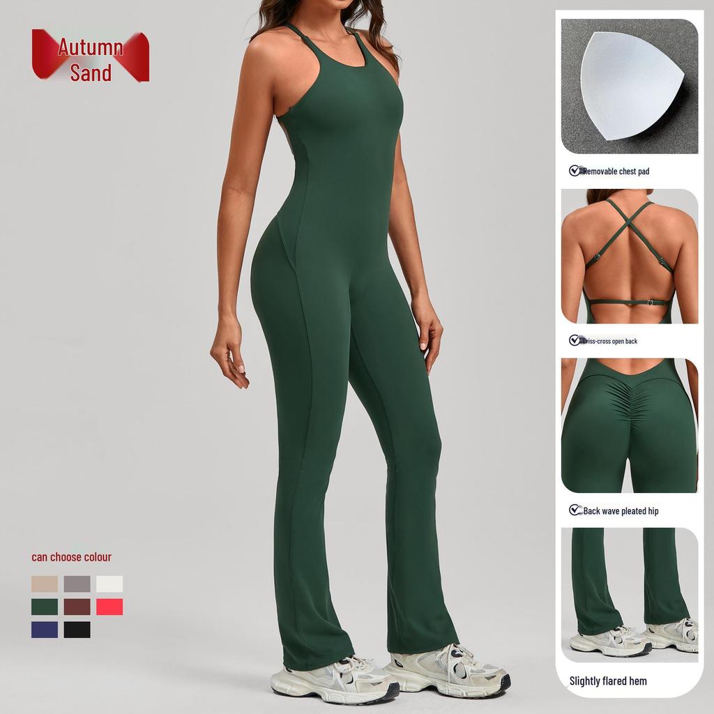 Adjustable Strap Flare Bodysuit Yoga Wear - European & American Sports Fitness Jumpsuit