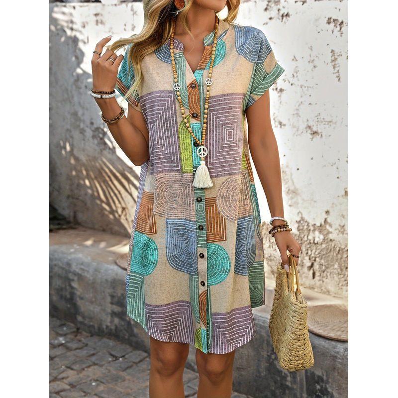 

2025 European and American Women s Clothing Amazon Summer Geometric Print Elegant V-Neck Button Dress Mixed Color XL