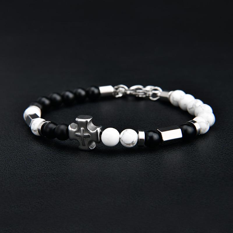 Stainless Steel Double-Sided Cross & Tiger Eye Beaded Bracelet for Men, Adjustable European & American Style