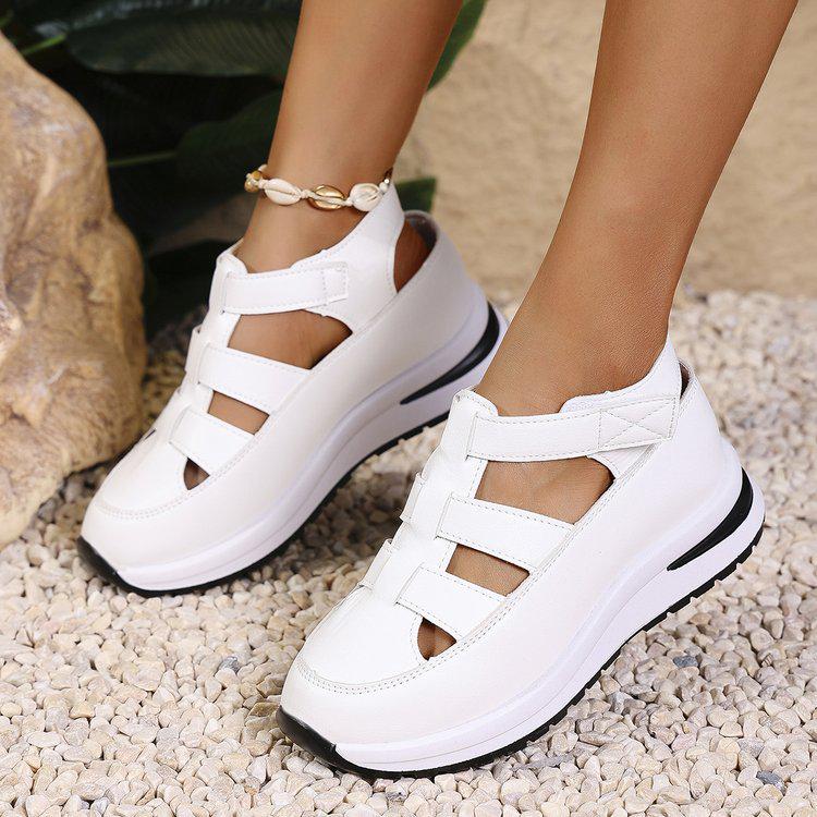 2025 Summer Women's Platform Closed-Toe Wedge Sandals, Breathable, Hollow Design, Plus Size 43, Thick Sole, Velcro Closure