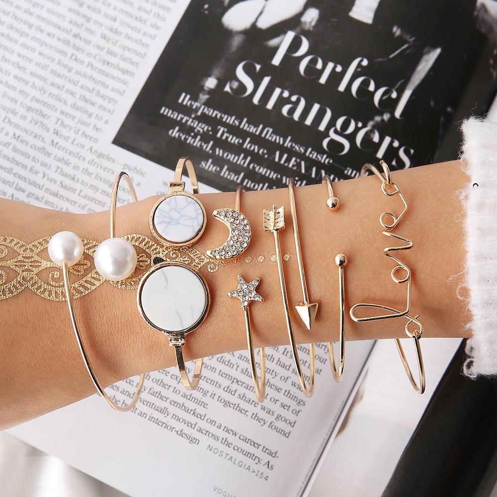 Vintage Love Letter Stars Moon Turquoise Pearl Arrow 6 Piece Bracelet Set