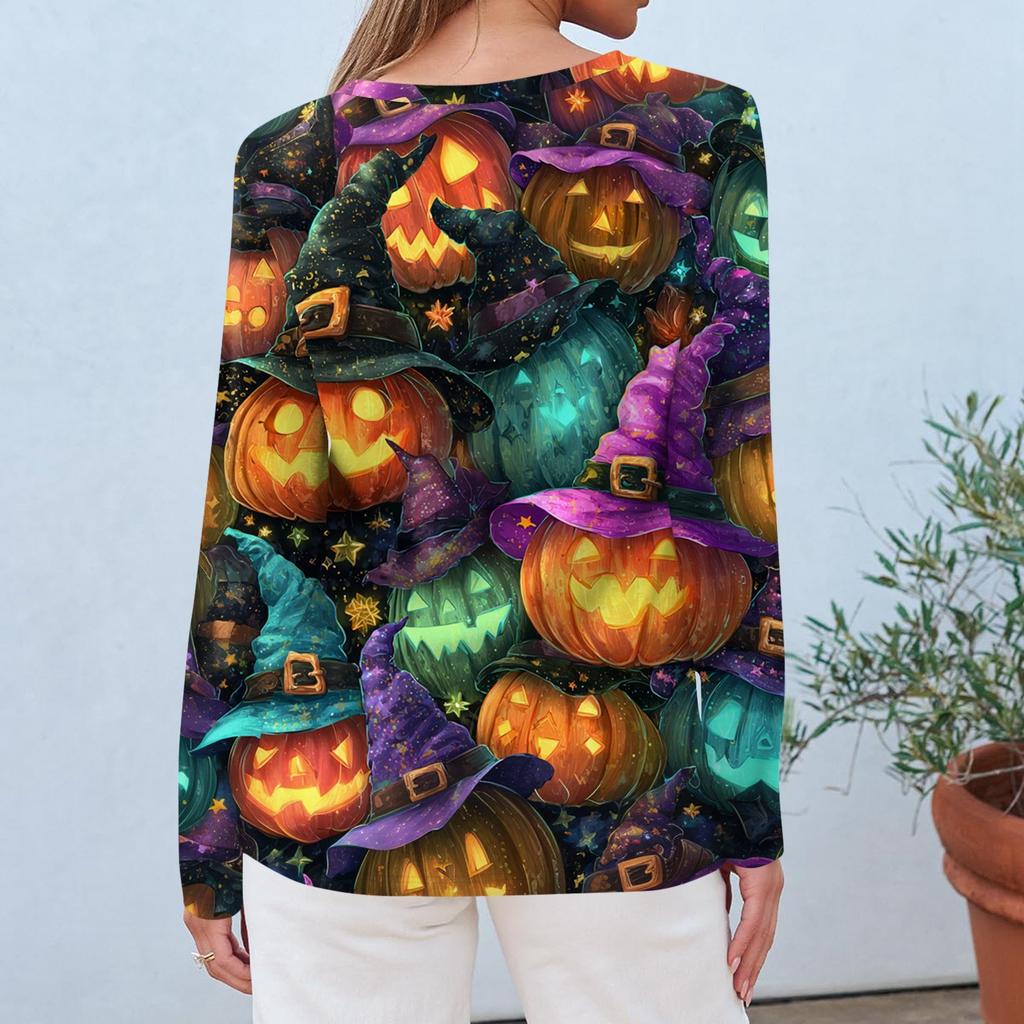 Dames casual top met lange mouwen en Halloweenprint, ronde hals