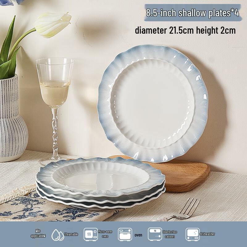 Smoky Blue Petal Ceramic Dinner Plate Set 8.5-inch (4-Pack)