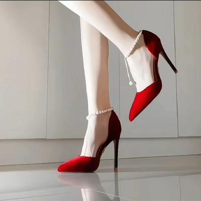 Red High Heels Women's Thin Heels New Pearl Pointed Wedding Shoes Temperament Bridal Shoes with Xiuhe Single Shoes