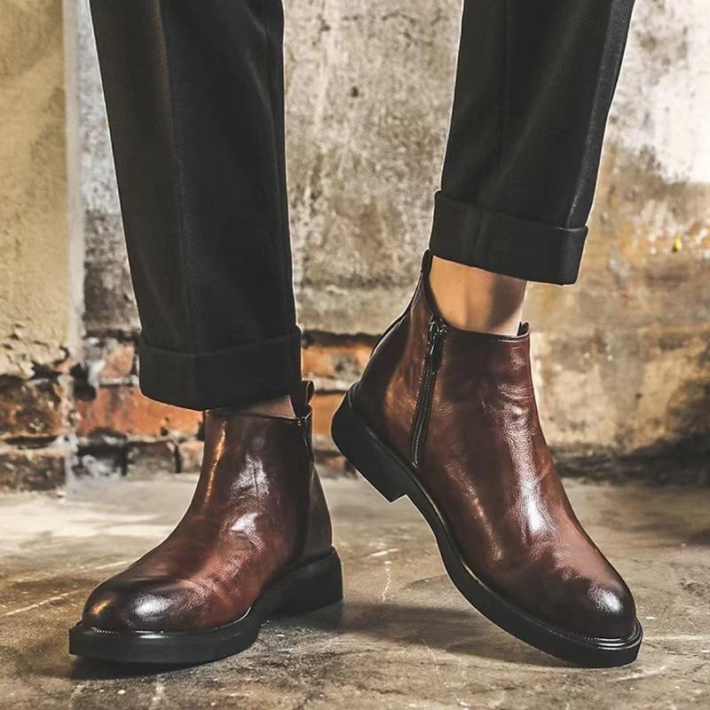 

Pointed British Vintage Chelsea Boots Men s Trend Height Up High Top Leather Shoes Side Zipper Short Boots Medium Top Martin Boots 38