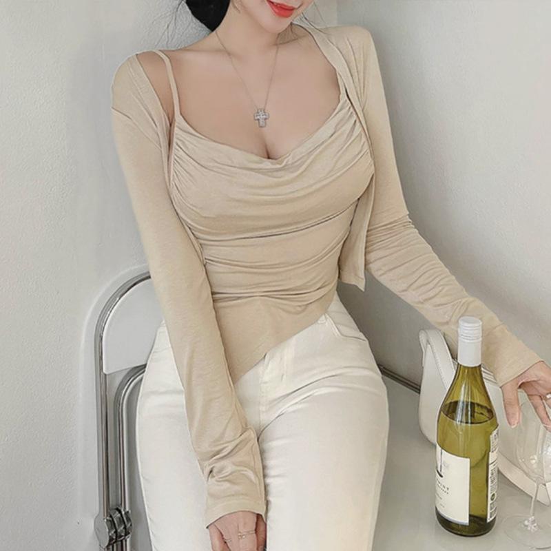 Korean Dongdaemun Sexy Pleated Camisole & Short Cardigan Two-Piece Set for Women