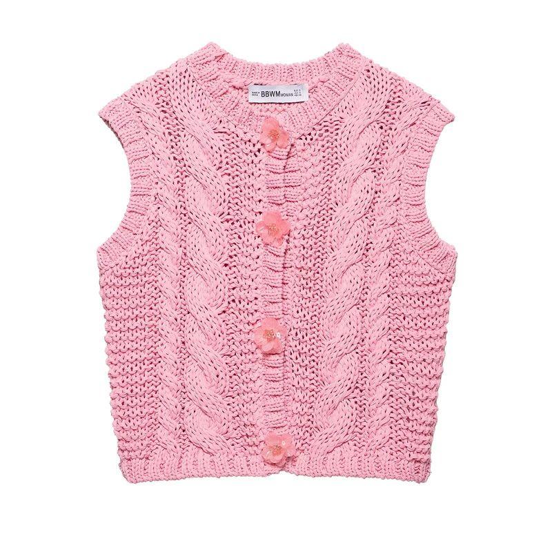 Kaslead New Arrival Women's Clothing Fashion Style Fashion Minimalist Flower Decorated Row Button Knitting Vest 3920238
