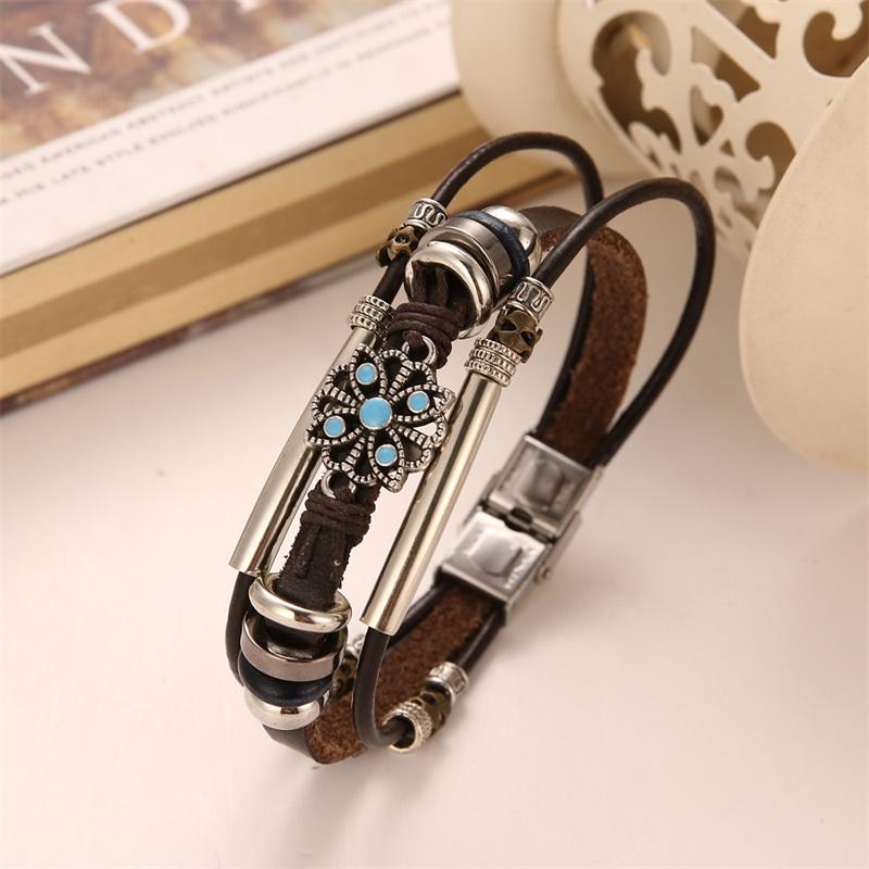 One Piece Vintage Flower Bracelet and Bangles Bohemian Style Multi-Layered Leather Bracelet Women Men Wrap Women Punk Jewelry Gift