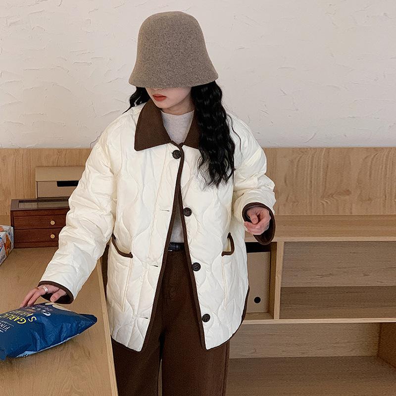 

Corduroy splicing down jacket women s 2025 winter fashion design sense rhombus warm small fragrant white duck down jacket S слоновая кость