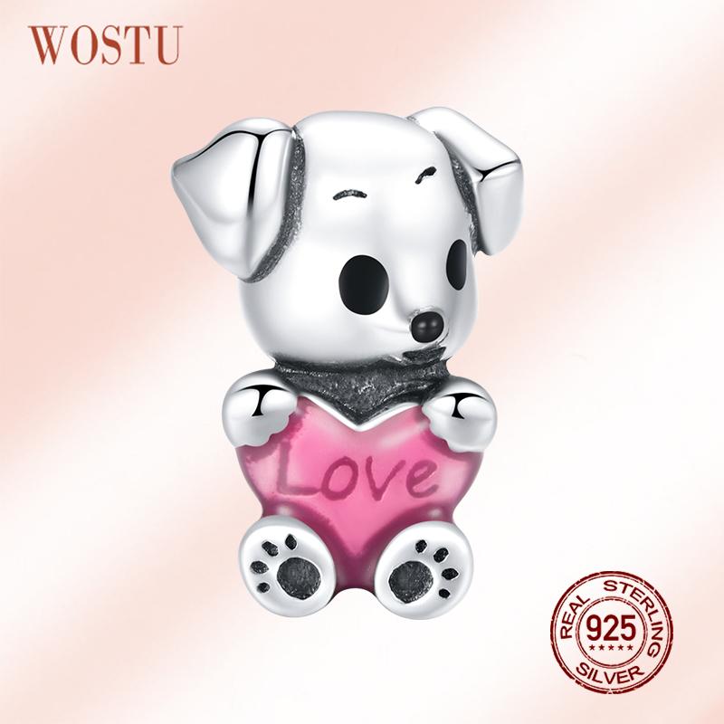 WOSTU 925 Sterling Silver Puppy Dog Bead Cute Animal Pink Enamel Charm Fit Original Bracelet Necklace Lovely Jewelry CQC1677