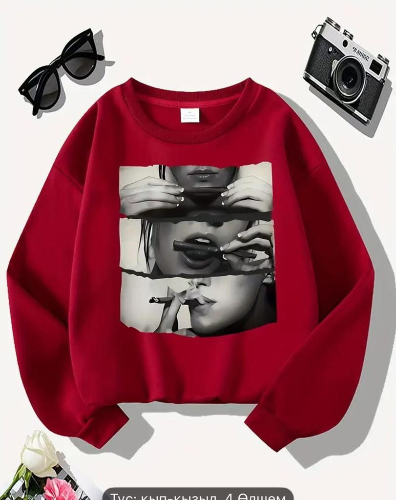 Cross-border Autumn/Winter Lip Print Loose Fleece Sweatshirt