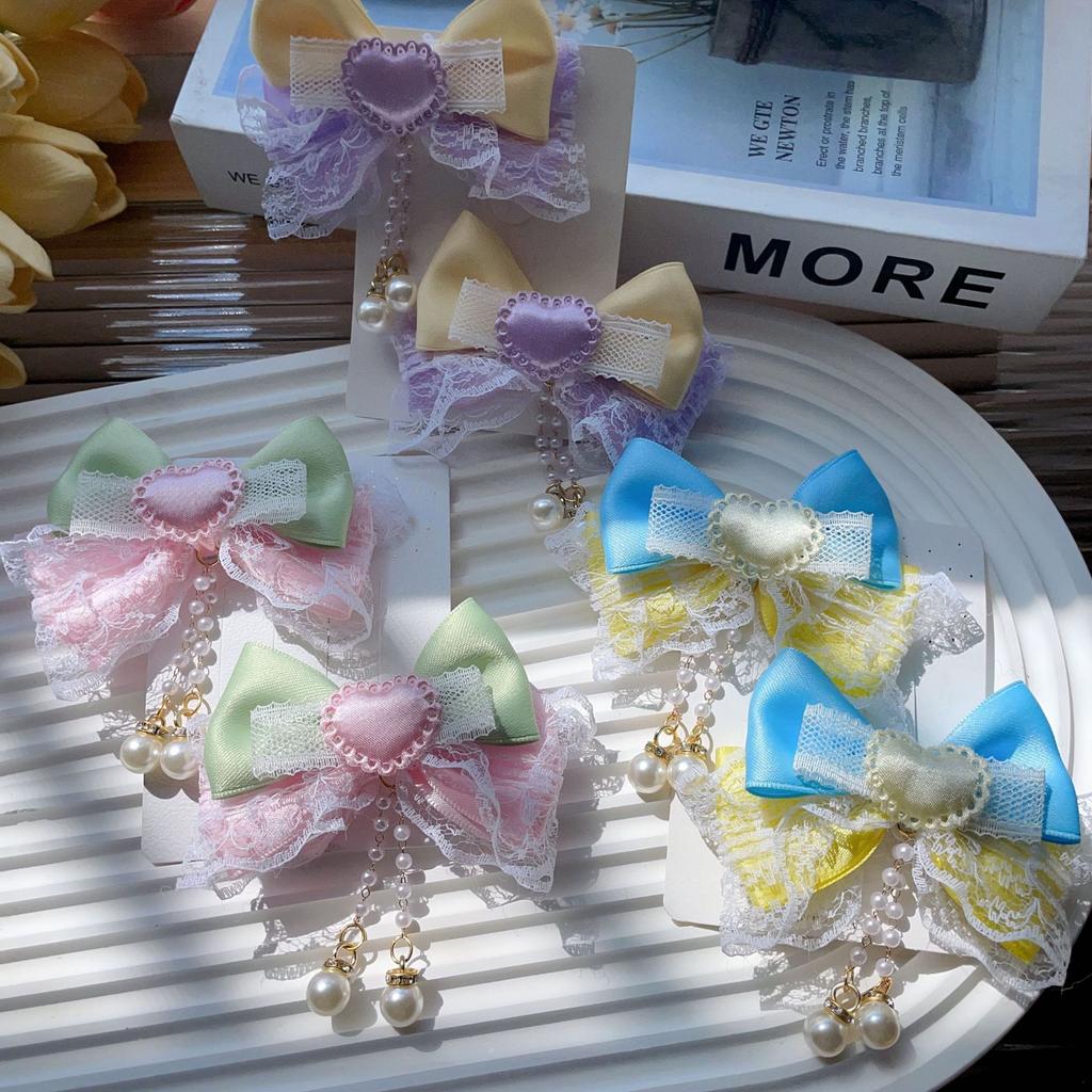 2PCS fabric girl bow handmade hair clip cute double ponytail children's pair clip edge clip dopamine headband