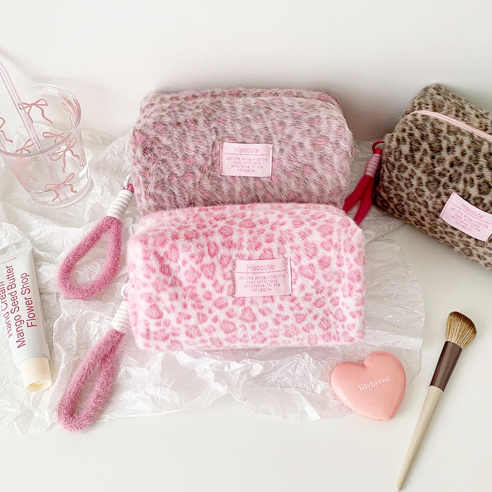 Leopard Print Plush Makeup Bags with Handle Portable Travel Cosmetic Storage Bag Toilet Bag Cute Pencil Case Fashion Handbag