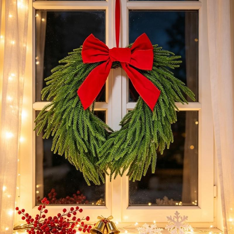 Christmas Bowknot Wreath for Door Entrances, 19.7Inch Plastic Silk-Like Fabric Wreath Hanging Decoration for Wall and Window