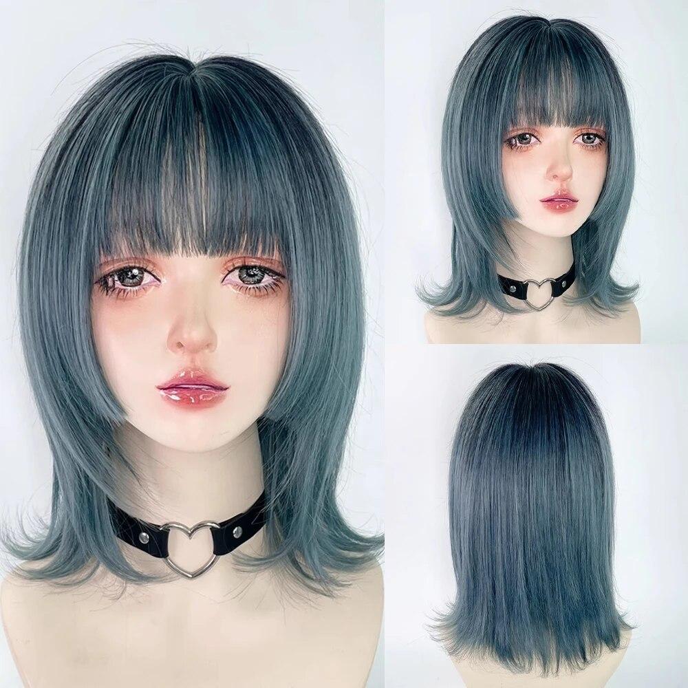 

Синие короткие синтетические прямые парики с челкой Лолита Косплей Женский парик из натуральных волос для повседневной вечеринки синий