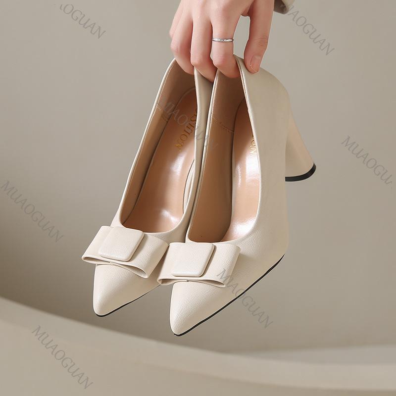 Elegant Heel Women's Shoes Spring Auutmn New Bow Ladies Temperament Thick High Heels Pointed Toe Woman Shoes Solid Women's Heels