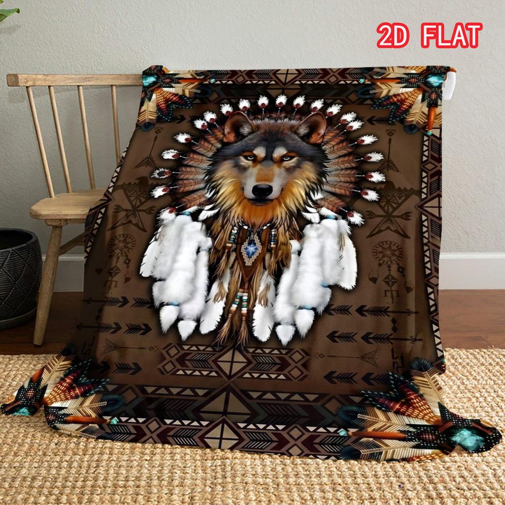 Native American Wolf Headdress Print Flannel Blanket, Tribal Animal Throw for Bed Sofa Couch, Soft Cozy Lightweight Cover