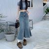 Raw Edge Denim Skirt Female Summer Retro Medium-length Fishtail Skirt Bustier Skirt A-line Thin Package Hip Comfortable Fashion Denim Bustier Skirt