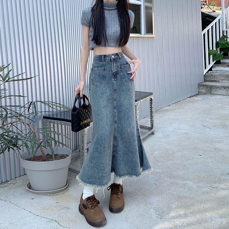 Raw Edge Denim Skirt Female Summer Retro Medium-length Fishtail Skirt Bustier Skirt A-line Thin Package Hip Comfortable Fashion Denim Bustier Skirt