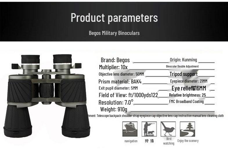 Begos 10X50 HD Adult Binoculars: High Magnification, Low-Light Night Vision for Outdoor Use