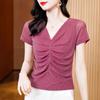 Women Summer Short Sleeve V-Neck Diamonds T-Shirts Lady Elegant High Stretchy Mesh Top New Fashion Pleated Shiny Tees
