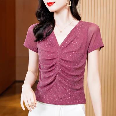 Damen Sommer Kurzarm V-Ausschnitt Diamanten T-Shirts Lady Elegant Hohe Elastizität Netz Top Neue Mode Falten Glänzend Tees