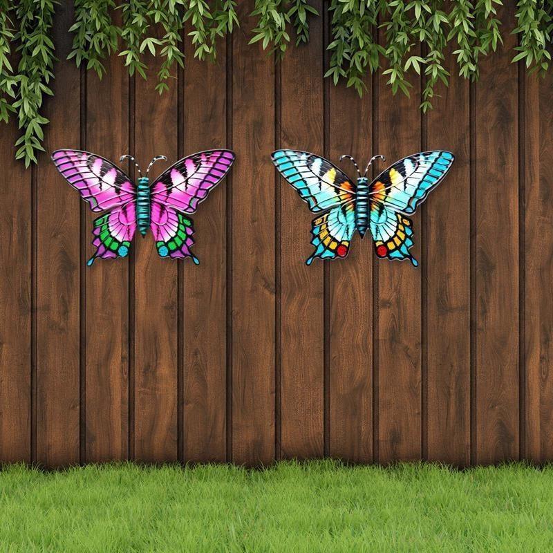 Nova decoração de parede de borboleta de ferro forjado, ornamento de simulação de inseto, arte de jardim, pingente de metal pendurado para sinos de vento internos e externos