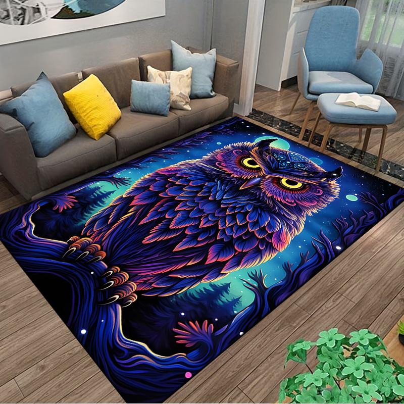 Colorful Owl Design Carpet with Forest Night Background, Home Decor Suitable for Use As an Anti-slip for Living Room Bedroom Sofas
