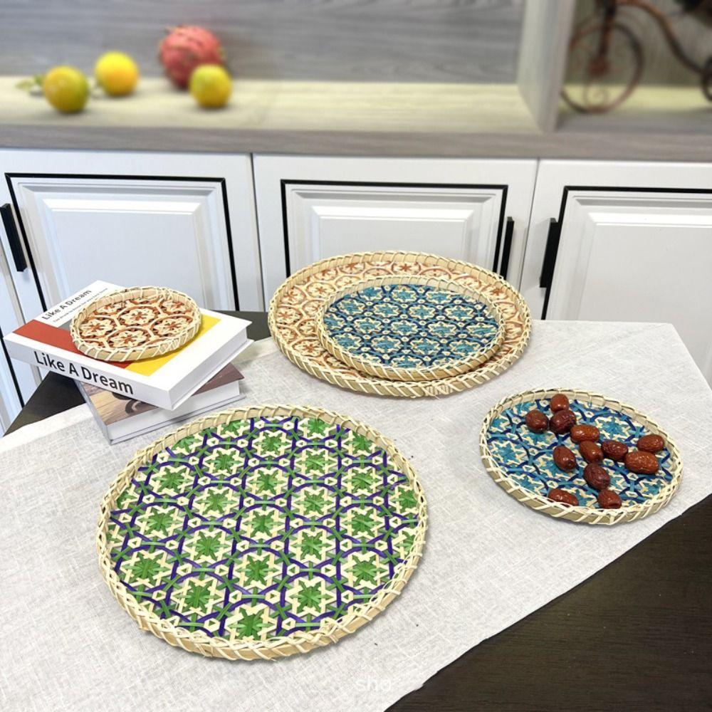 Colorful Handmade Bamboo Round Tray Bohemian Style Bread Baskets Cup Mat Food Tray Bathroom