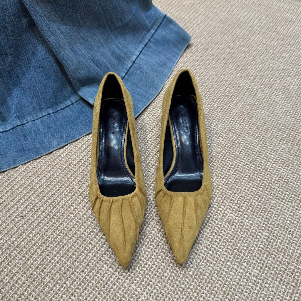 2025 neue spitze Wildleder plissierte flache Mund Stiletto Pendler Arbeit Damen Einzelschuhe Baita Schuhe