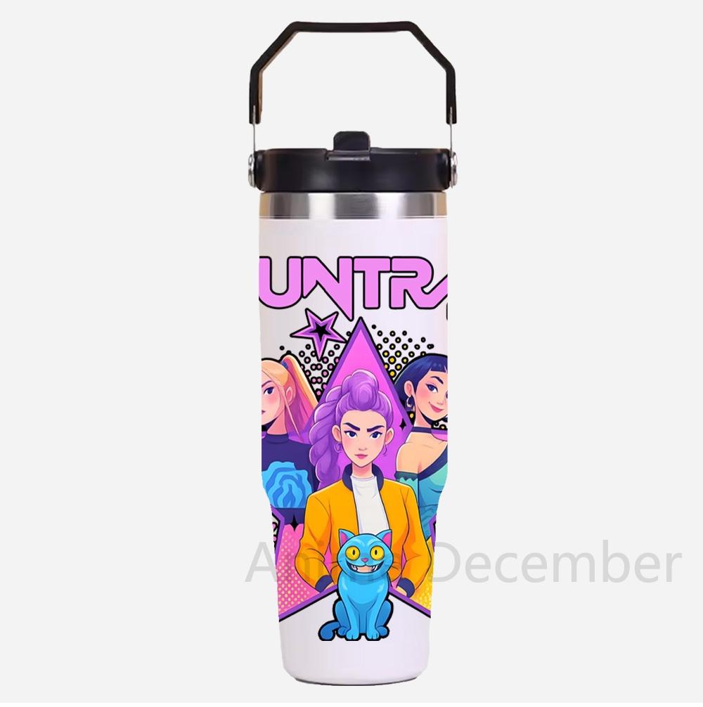 30Oz K-Pop Portable Car Cup Stainless Steel Thermos Cup with Straw Travel Sports Water Bottle with Handle Cover Coffee Vacuum Flask