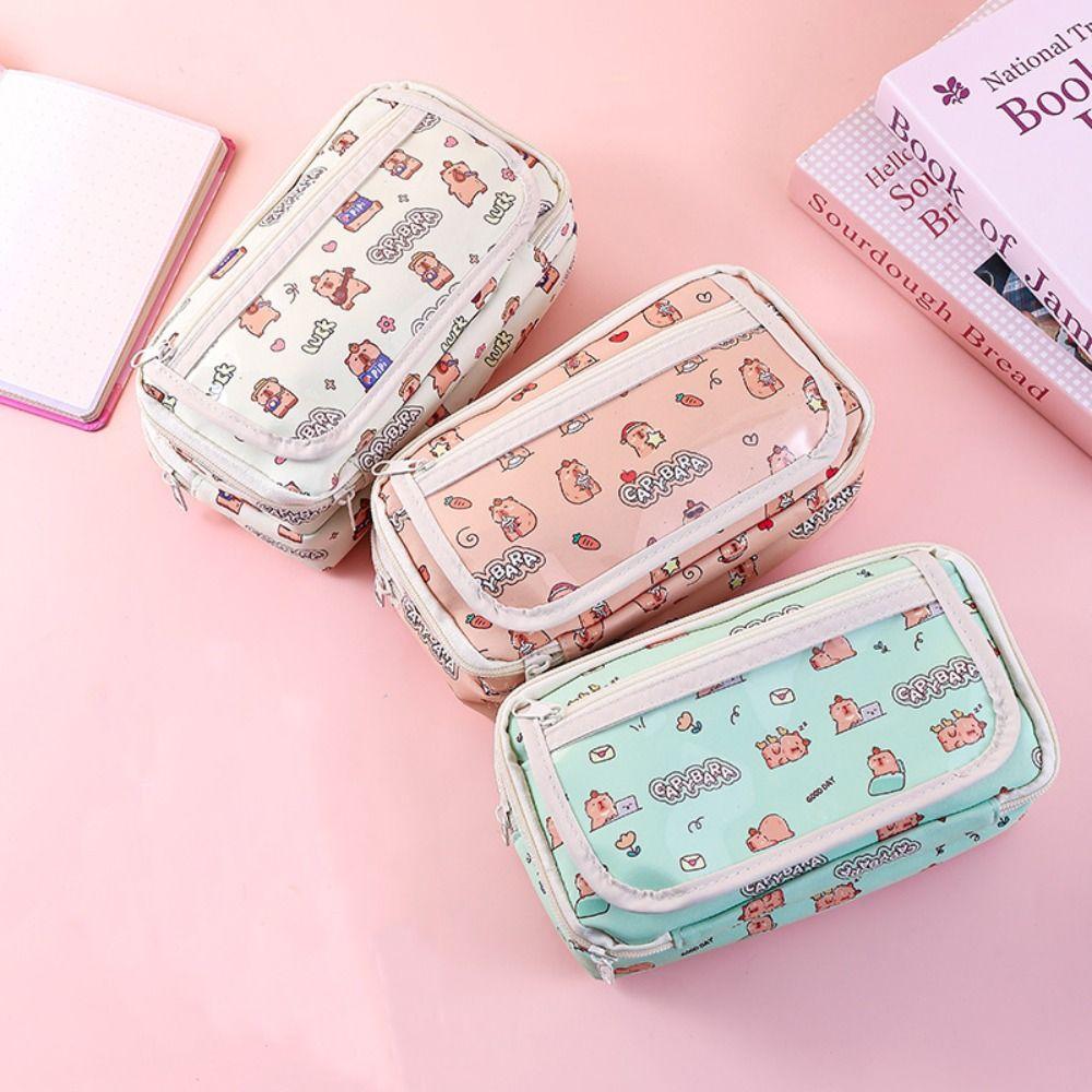 Large Capacity Cartoon Pencil Cases Multi Layer Stationery Bag Capybara Pen Bag Office Accessories