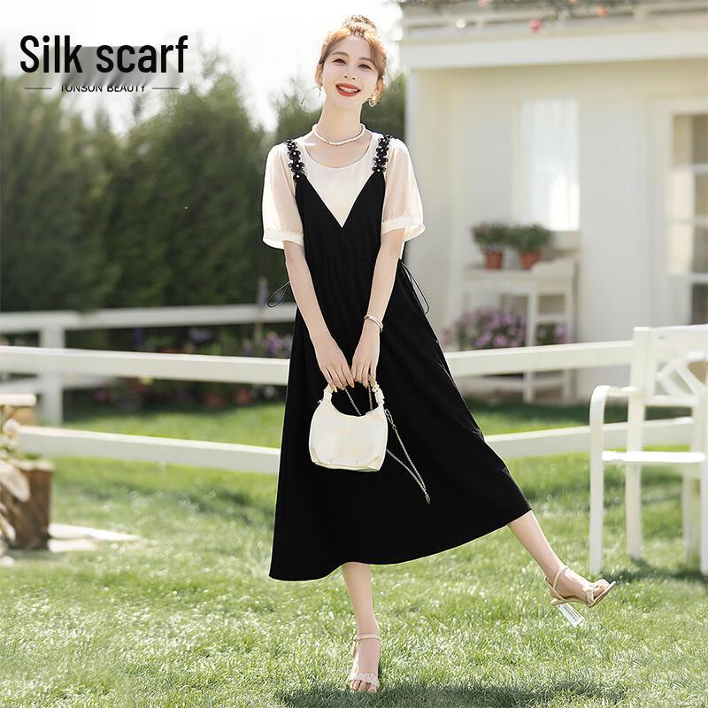 Women s Elegant Color Block Fake Two-Piece Midi Dress L