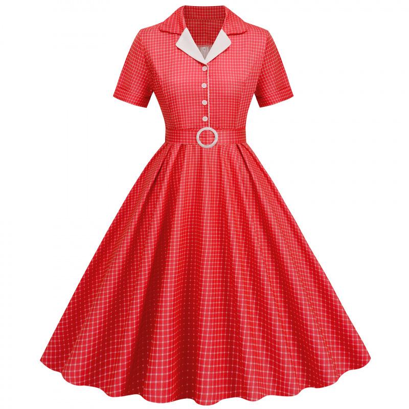 

Vintage Plaid Belted Midi Dress with Color-Contrasting Blazer Collar Small