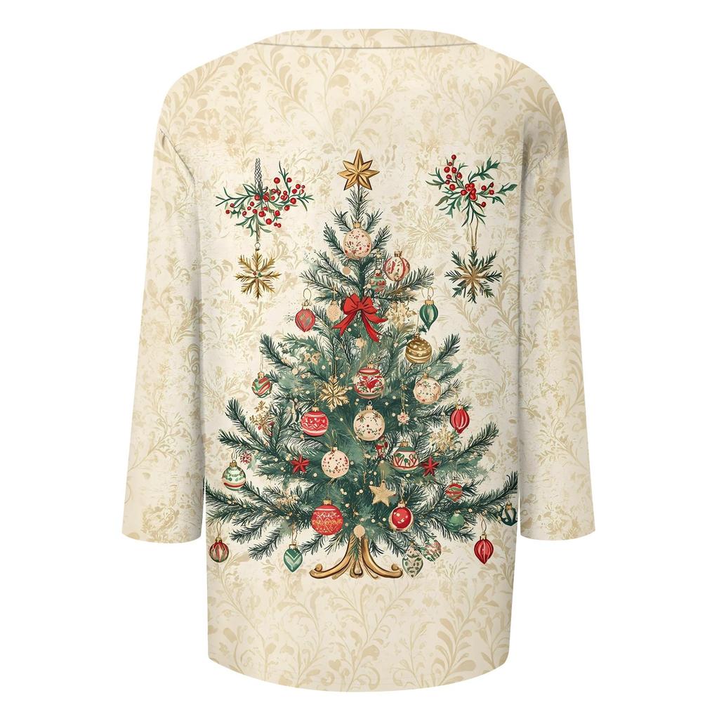 Women's T Shirt CHristmas Print 3/4 Sleeve Daily Weekend Fashion Basic V- Neck Regular Top