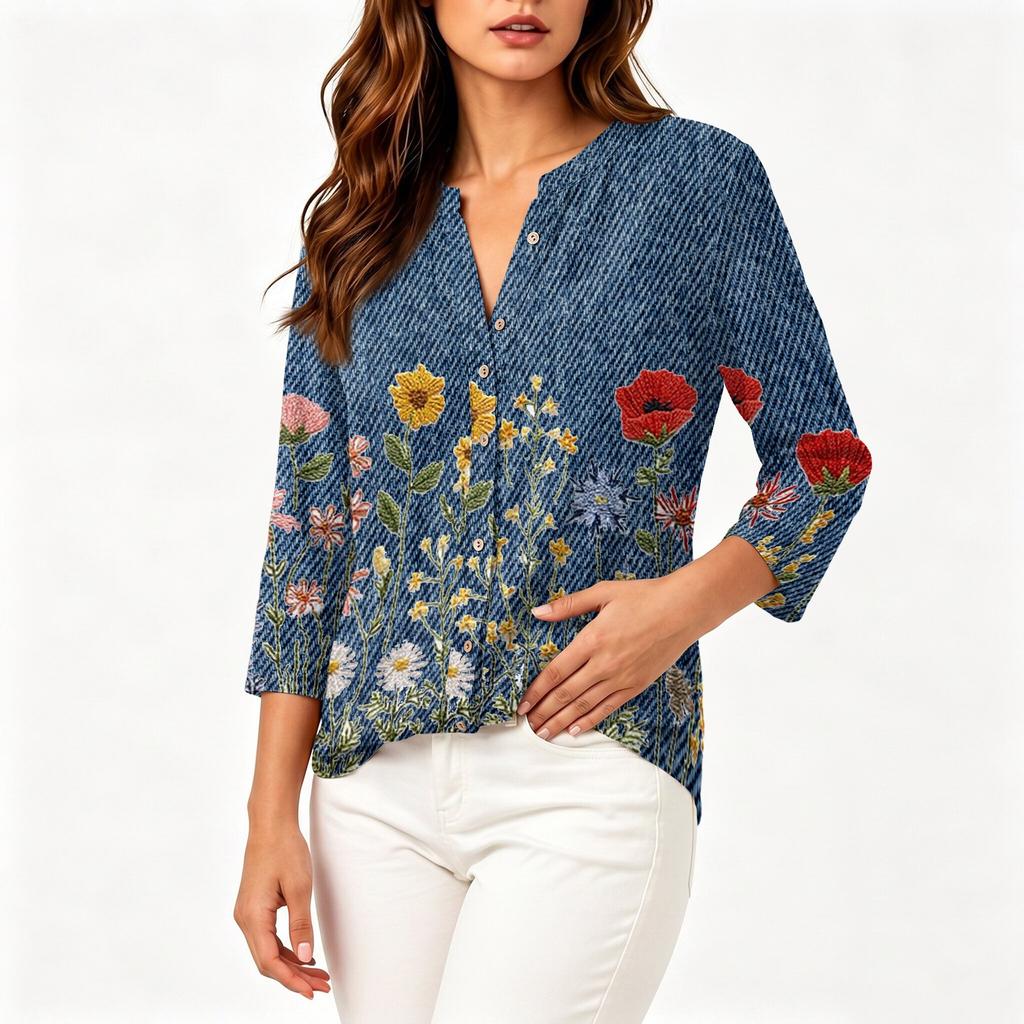 Women Vintage Floral Print Henley Button Neck Three Quarter Sleeve Linen Cotton Blouse Casual Loose Fit Shirt