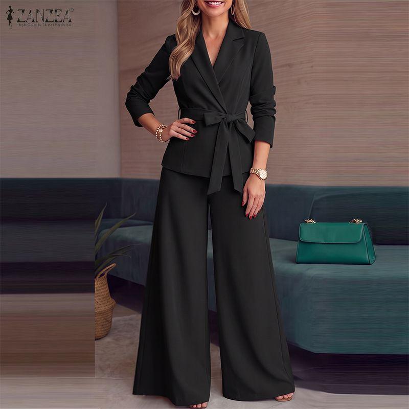 ZANZEA Women Elegant Long Sleeve Thin Cardigan Blazer And Long Pants Casual Two Piece Suit Sets