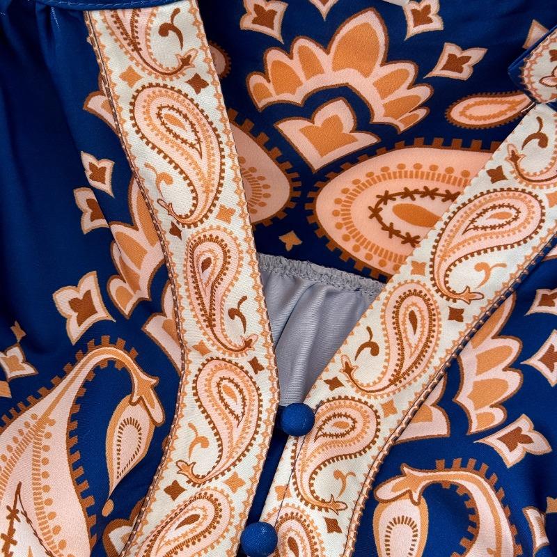 Vintage Evening Dress for Women Print Pleated Puff Sleeve Vestidos Button Designer Femme Robe Temperament Office Lady Ropa Mujer