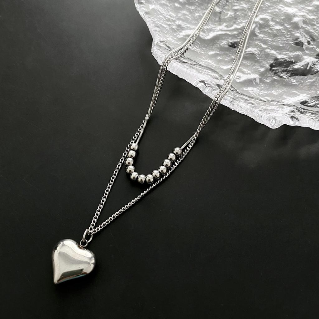 French Fashion Love Heart Double Layer Titanium Steel Clavicle Necklace For Women