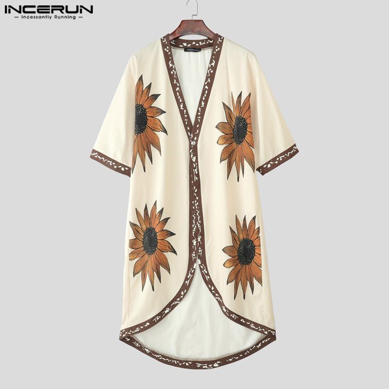 INCERUN Men Half Sleeve Stitching Floral Print Casual Irregular Long Cardigan Tops