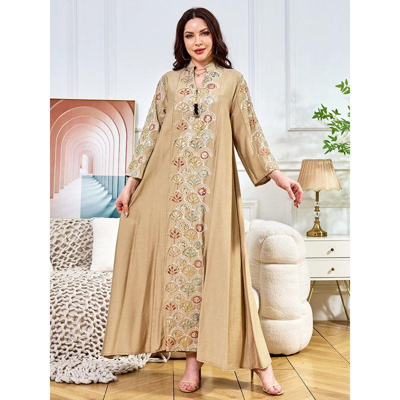Magic Queen Indonesia Dubai Fan-Shaped Sequin Embroidered Ninth Sleeve Women's Robe V Neck Tassel Dress Dress