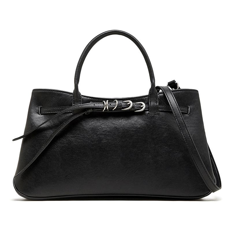Genuine Leather: Niche Hand-held Women's Bag, Retro and Simple Belt Buckle Briefcase, Single-shoulder Crossbody Bag