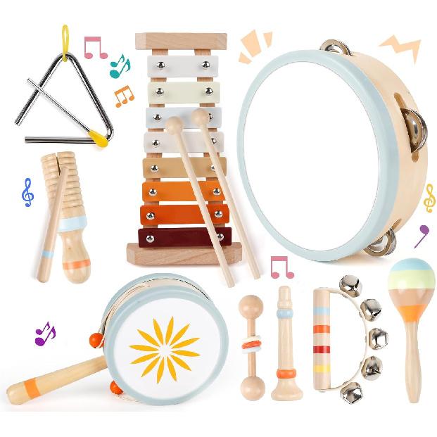 Toddler Musical Instruments-Montessori Wooden Educational Toys for Toddlers 1-3,Baby Musical Instruments,Neutral Color Musical Instruments Set with