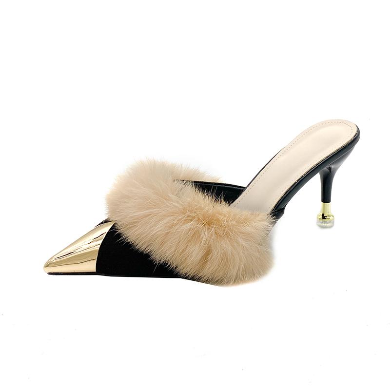 

Fashion Women s Metal Pointed High Heels Spring Baotou Shallow Mouth Leather Cover Foot Anti-slip Wear-resistant Slippers 34 чёрный