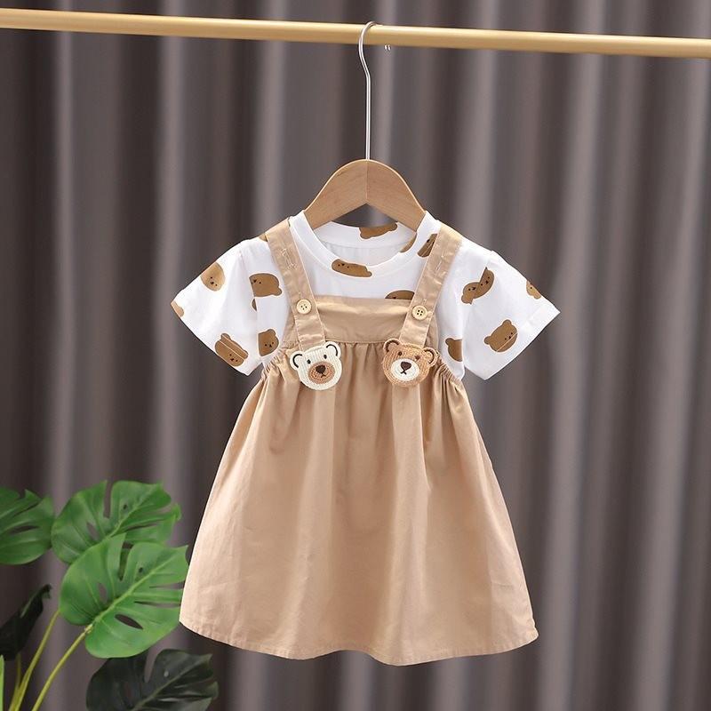 Stylish Lightweight Cotton Summer Overalls Set For Kids Featuring Fun Bear Design Light Brown Bear Dress,80cm/31.50in