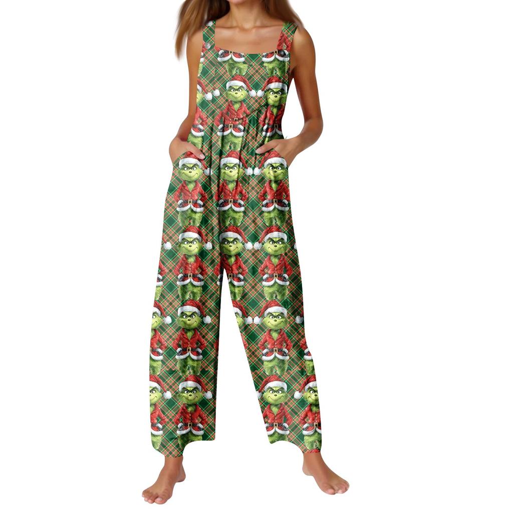 Women's Fashion Christmas  Print Casual Retro Sleeveless Button Jumpsuit