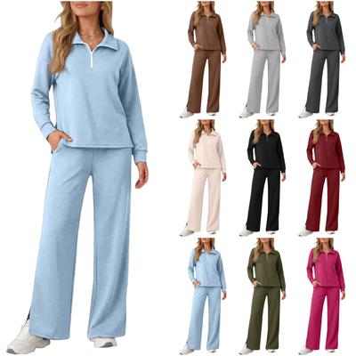 Women's 2 Piece Casual Outfit Set with Zip-Up Collared Long Sleeve Top and Wide Leg Pants